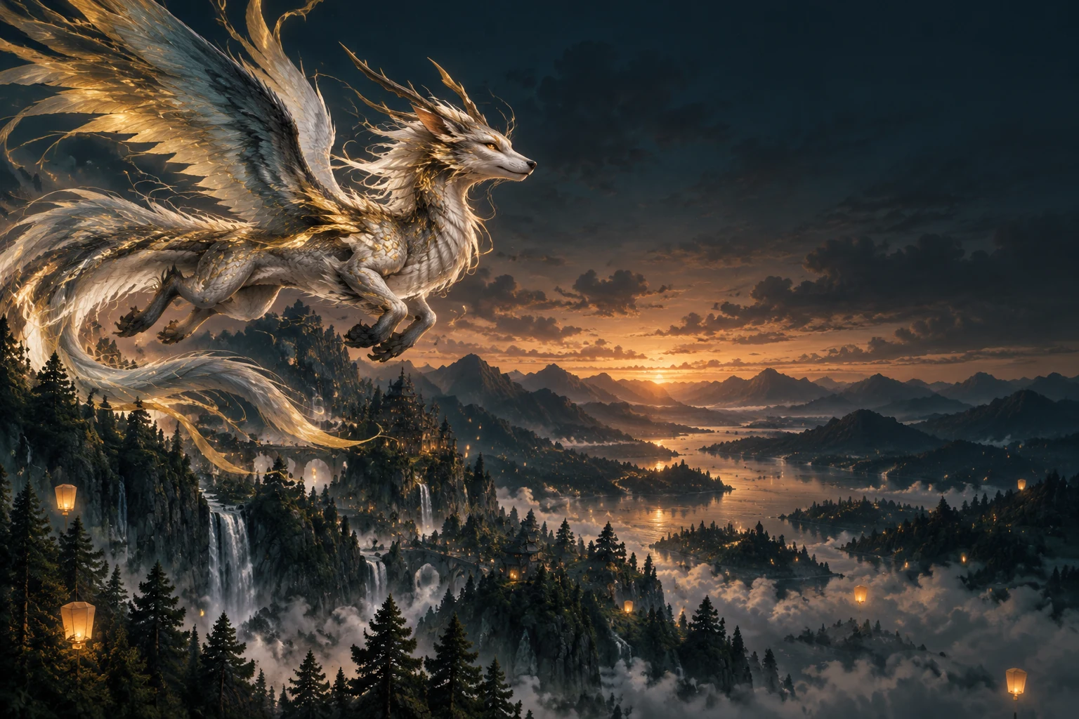 An original silver dragon companion soaring over a forest valley