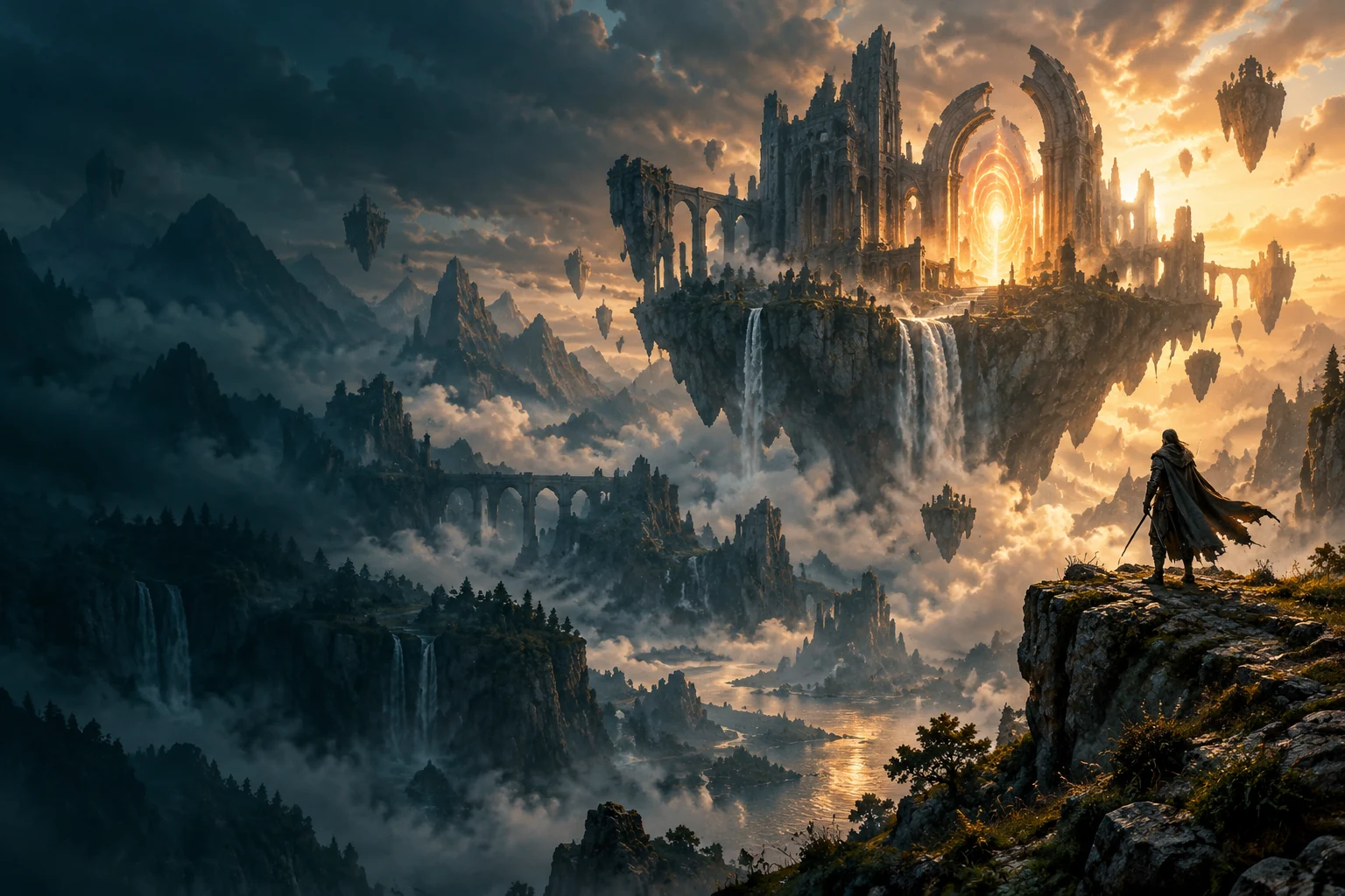 Original fantasy world with a glowing portal and floating mountain fortress
