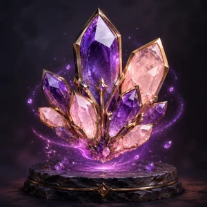 A luminous arrangement of amethyst and rose crystals with delicate golden settings.