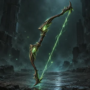 A graceful dark carved wooden bow strung with luminous green magic.