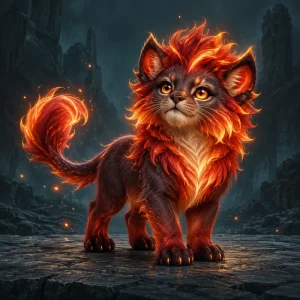 A whimsical small charcoal-red foxlike lion cub with an ember mane and amber eyes.