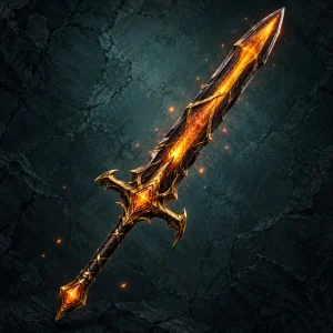 A dark obsidian longsword with a luminous amber core and finely worked golden hilt.