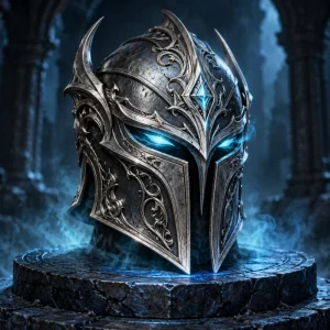 An ornate silver helmet with cyan eyes, silver filigree and a weathered finish.