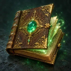 An ancient leather-bound spellbook with gilded bindings and an emerald centerpiece.