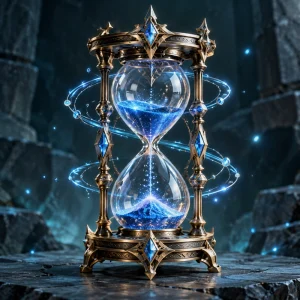 An antique brass hourglass with levitating sapphire sand and cyan time rings.