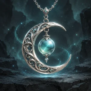 A delicate silver crescent moon amulet with a floating turquoise pearl.