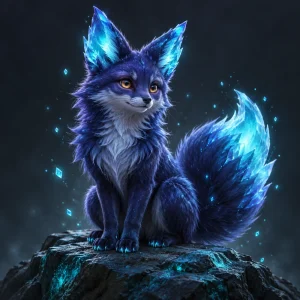 An indigo fox companion with crystalline ears and an illuminated tail.