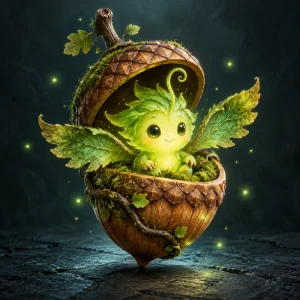 A friendly tiny luminous green forest spirit inside an acorn shell with moss leaf wings.