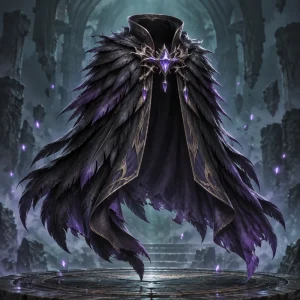 A floating black feathered cloak with elegant purple crystal clasp.