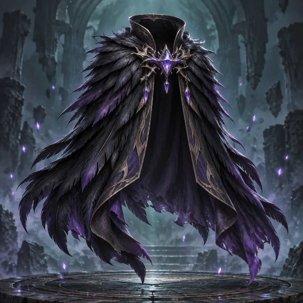 A floating black feathered cloak with elegant purple crystal clasp.