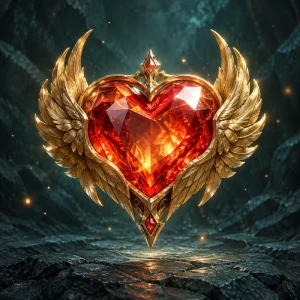 A faceted brilliant red-orange heart gemstone held in tiny golden wings.