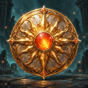 A round ornate sun-gold shield with a fiery orange sunstone boss.