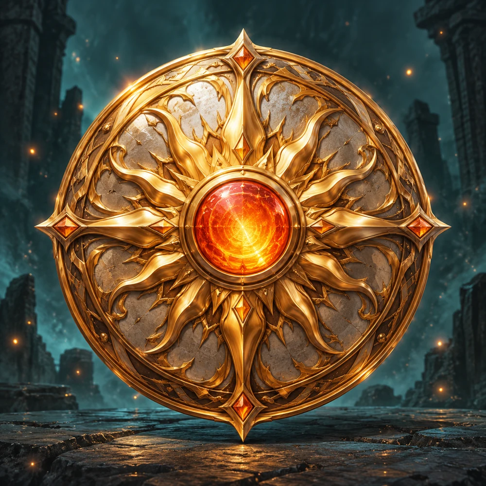 A round ornate sun-gold shield with a fiery orange sunstone boss.