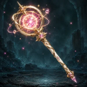 An ornate ivory and gold wand orbiting a glowing pink miniature star.