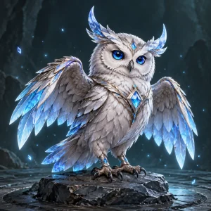 A small majestic silver feathered owl with storm-blue eyes and crystalline wing tips.