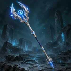 A twin-pronged silver lightning staff with bright electric blue energy.