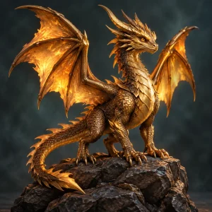 A bronze-gold dragon companion with glowing amber wings and intricate scales.