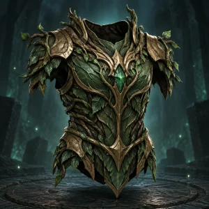 A chest armor vest grown from dark emerald vines, bark and bronze plates.