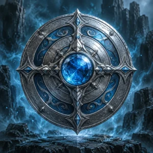 A circular silver shield with engraved rings and a brilliant ocean-blue crystal.