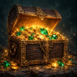 An ornate dark-wood chest filled with golden coins, emeralds and a warm inner glow.