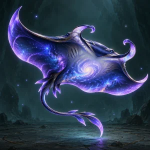 A graceful floating midnight-blue manta ray with a nebula belly and violet fin edges.