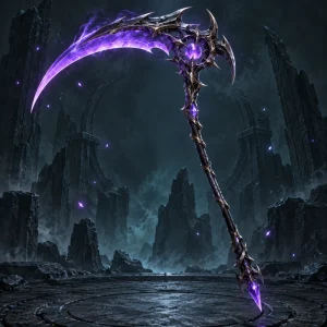A sculpted obsidian scythe with a luminous violet crescent blade.