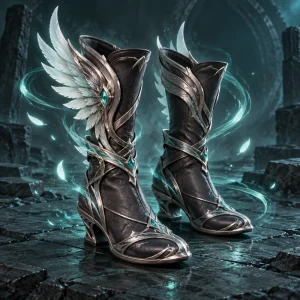 A pair of charcoal leather boots with delicate silver wings and teal wind trails.